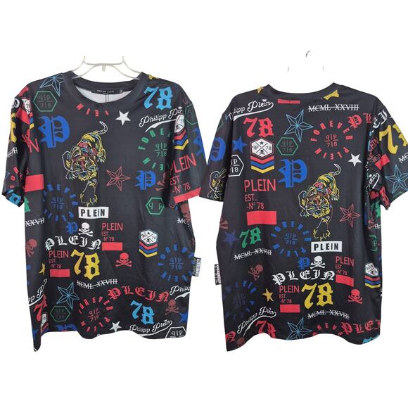 Philipp Plein Black Multi Color Tiger Skull Graphic Short Sleeve Shirt NEW XXL - Picture 1 of 5